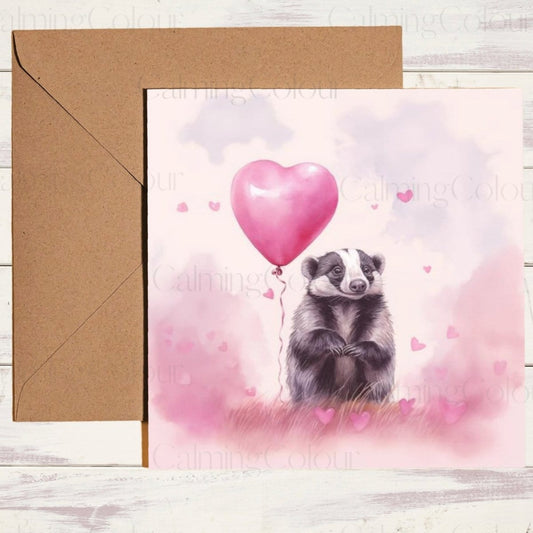 Badger with Pink Balloon | Greeting Card | Calming Colour