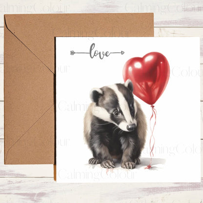 Badger with Heart Red Heart Balloon | Greeting Card | Calming Colour