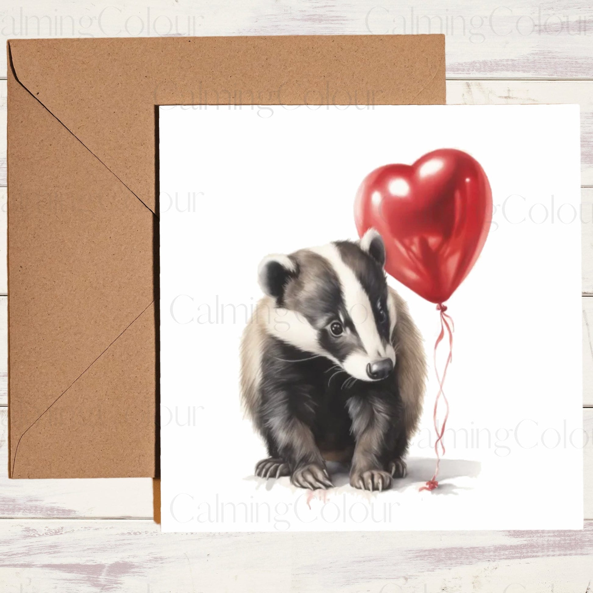 Badger with Heart Red Heart Balloon | Greeting Card | Calming Colour