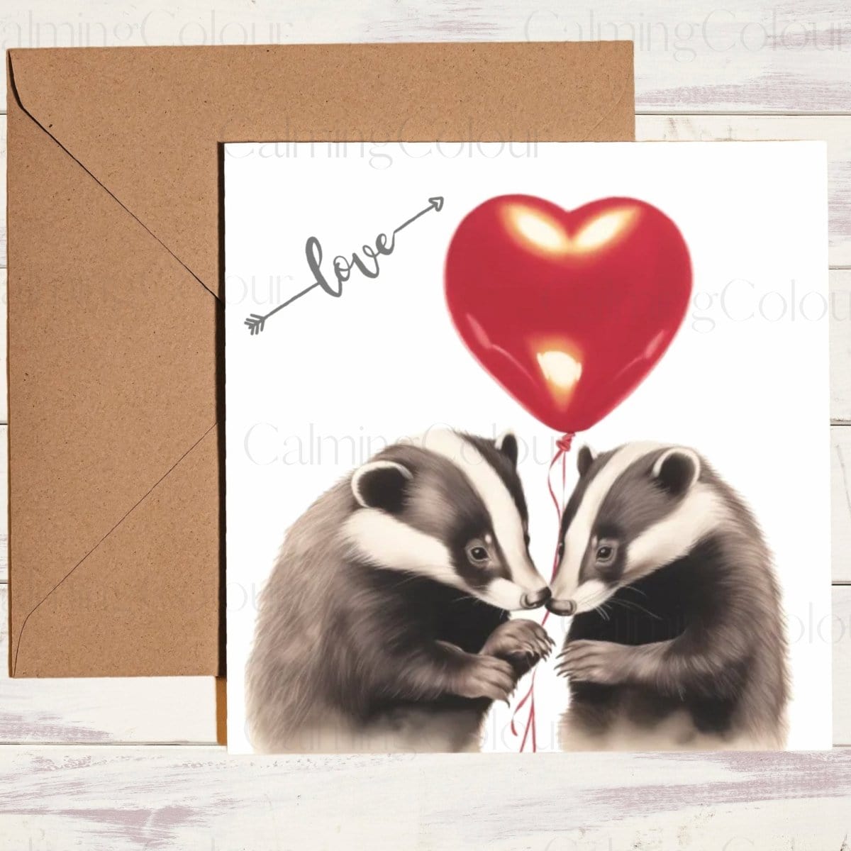 Badgers holding Red Balloon | Greeting Card | Calming Colour