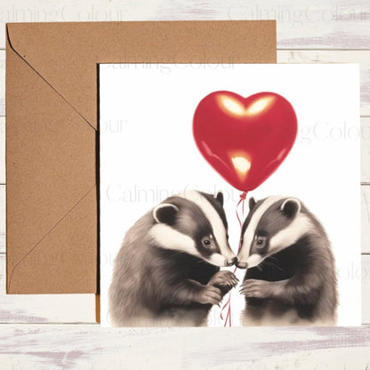 Badgers holding Red Balloon | Greeting Card | Calming Colour