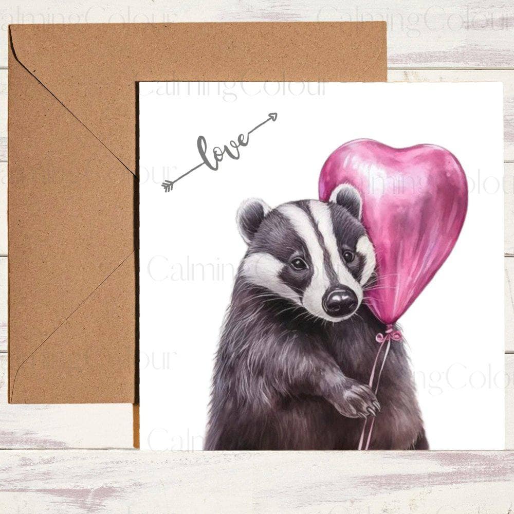 Badger holding Red Balloon | Birthday Card | Birthday Card