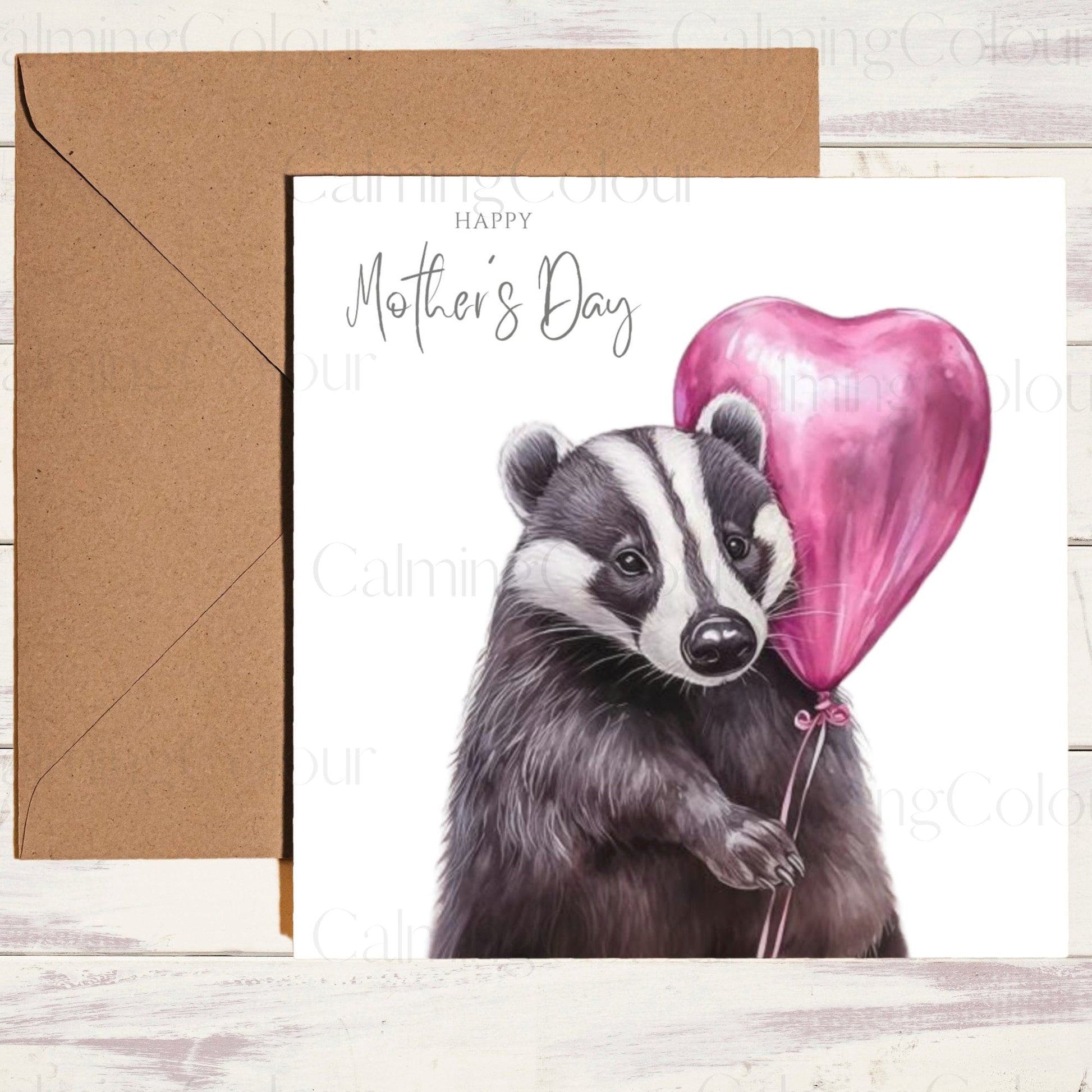 Badger holding Red Balloon | Mother's Day Card | Calming Colour