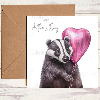 Badger holding Red Balloon | Mother's Day Card | Calming Colour