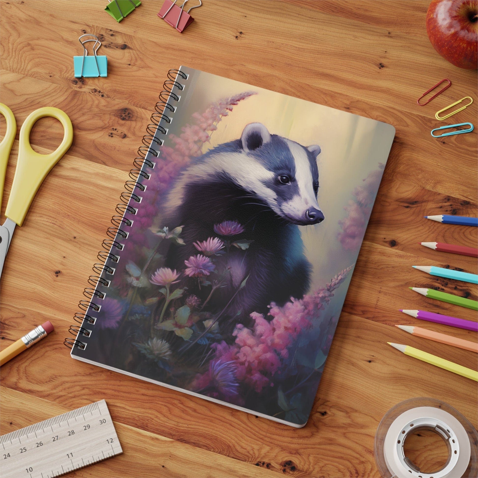 Badger with Pink Flowers | Softcover Notebook | Calming Colour