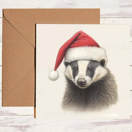 Badger wearing a Red Santa Hat | Christmas Card | Calming Colour