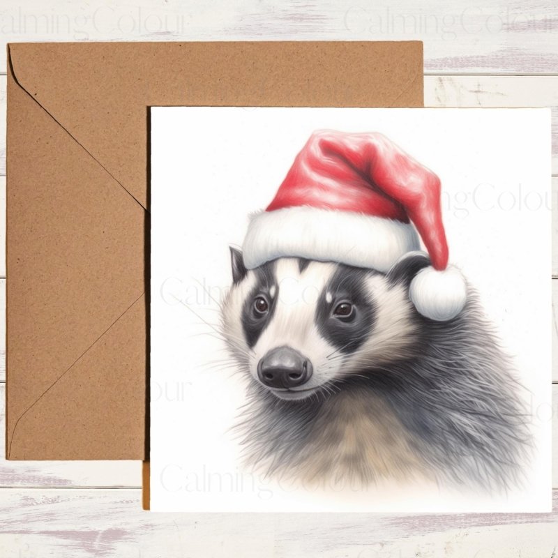 Badger Wearing a Santa Hat | Christmas Card | Christmas Card