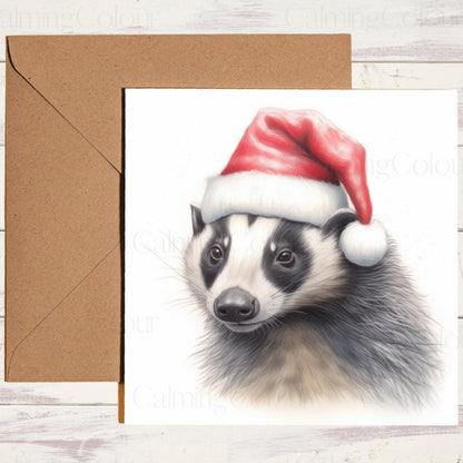 Badger Wearing a Santa Hat | Christmas Card | Christmas Card