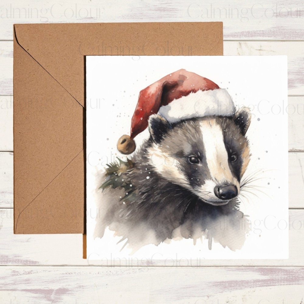 Badger wearing Red Santa Hat | Christmas Card | Calming Colour