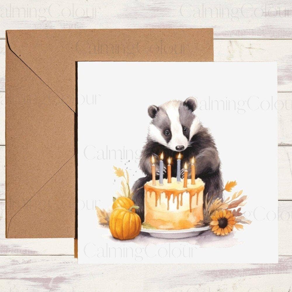 Badger with Autumn Birthday Cake | Birthday Card | Calming Colour