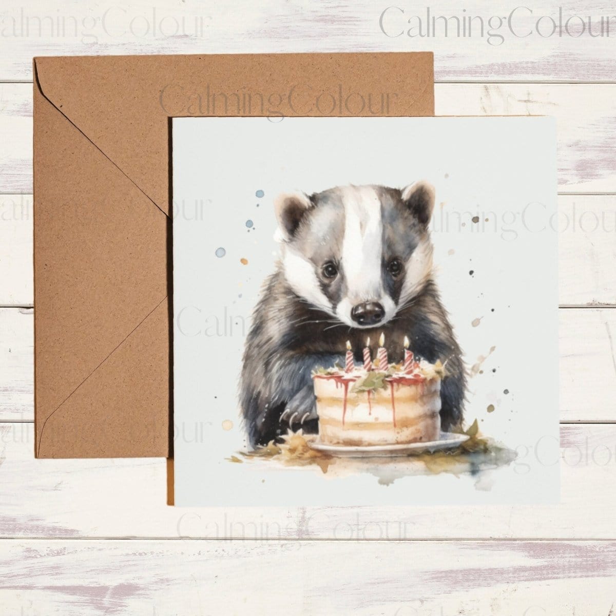 Badger with Cake | Greeting Card | Calming Colour