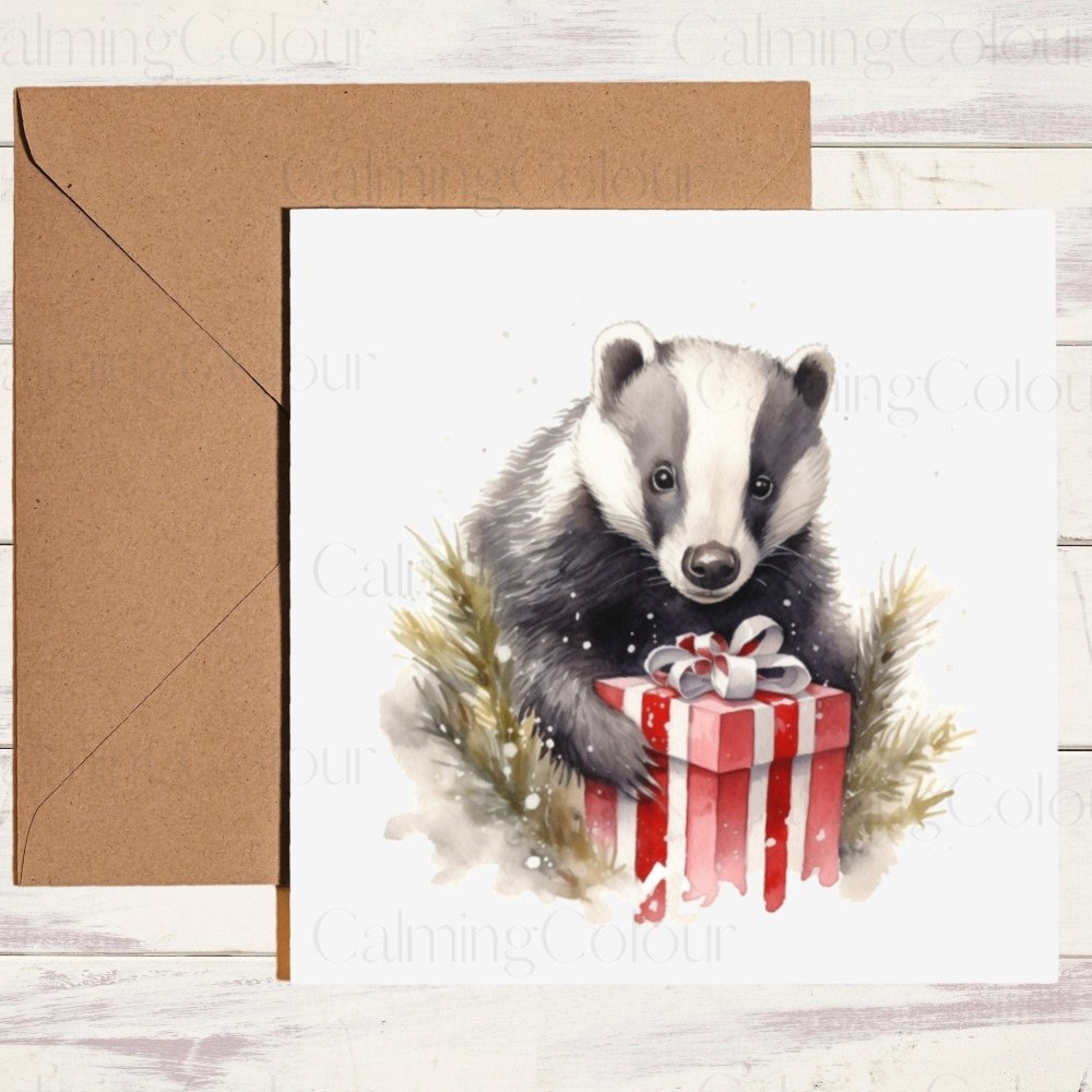 Badger with Christmas Present | Christmas Card | Calming Colour