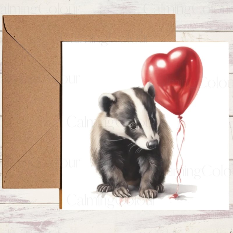 Badger with Heart Balloon | Valentine's Card | Valentine's Day