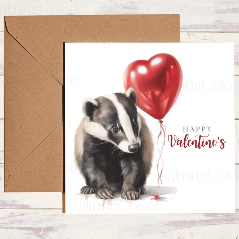 Badger with Heart Balloon | Valentine's Card | Valentine's Day
