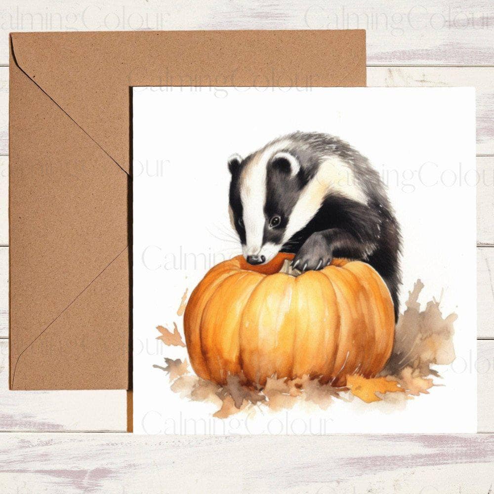 Badger with Orange Pumpkin | Greeting Card | Halloween | Calming Colour