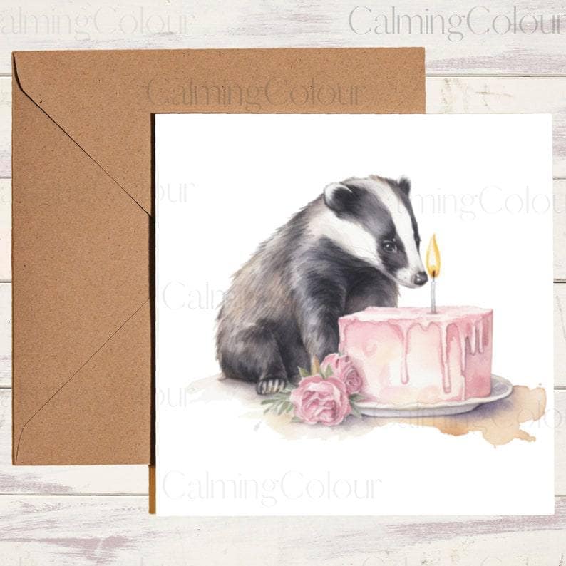 Badger with Pink Cake | Birthday Card | Calming Colour