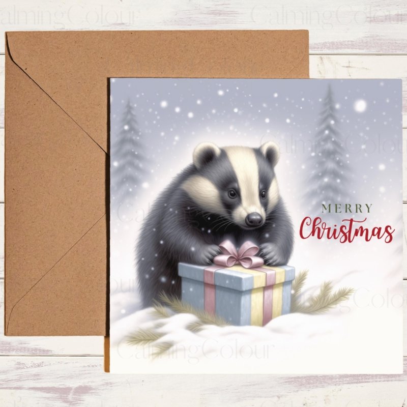 Badger with Present | Christmas Card | Christmas Card