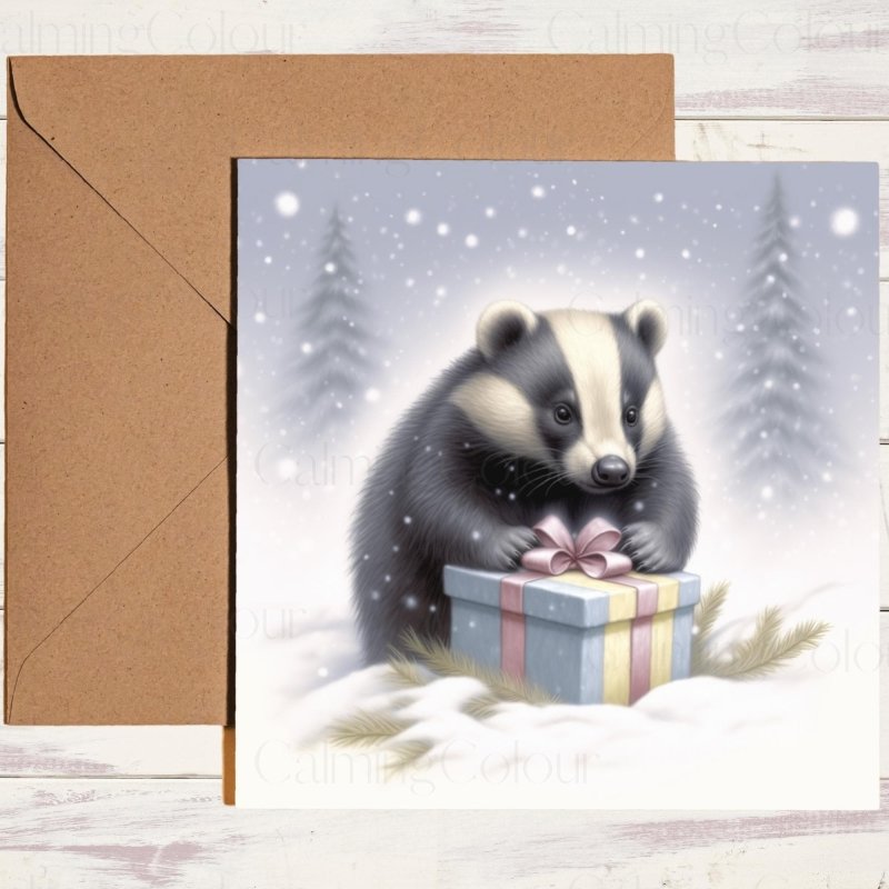 Badger with Present | Christmas Card | Christmas Card
