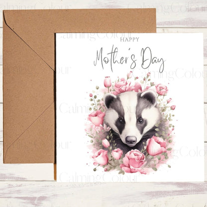 Badger with Roses | Mother's Day Card | Calming Colour