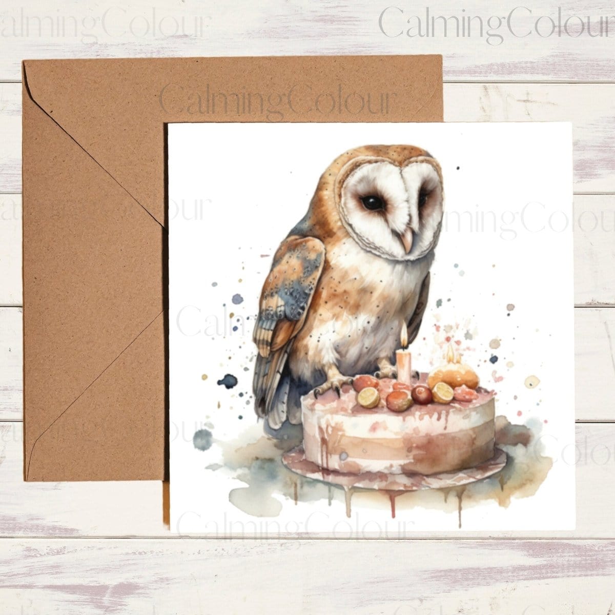 Barn Owl with Cake | Greeting Card | Birthday Card | Calming Colour