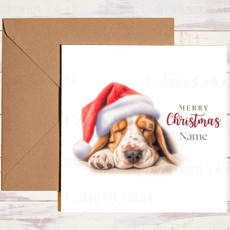 Basset Hound Asleep in Santa Hat | Christmas Card | Christmas Card