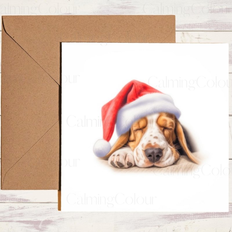 Basset Hound Asleep in Santa Hat | Christmas Card | Christmas Card