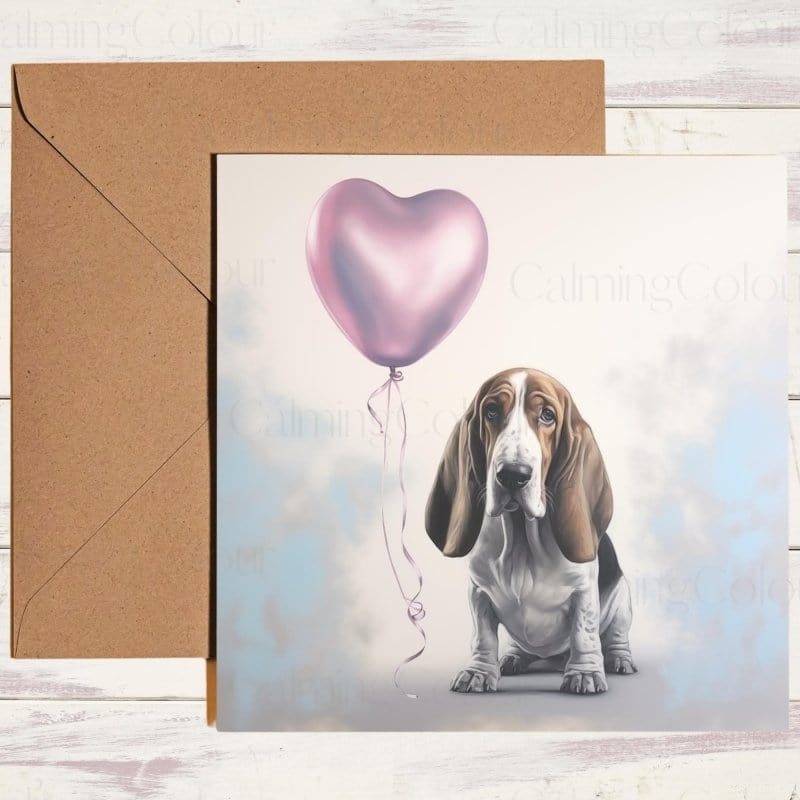 Basset Hound with Love Heart Balloon | Birthday Card | Birthday Card