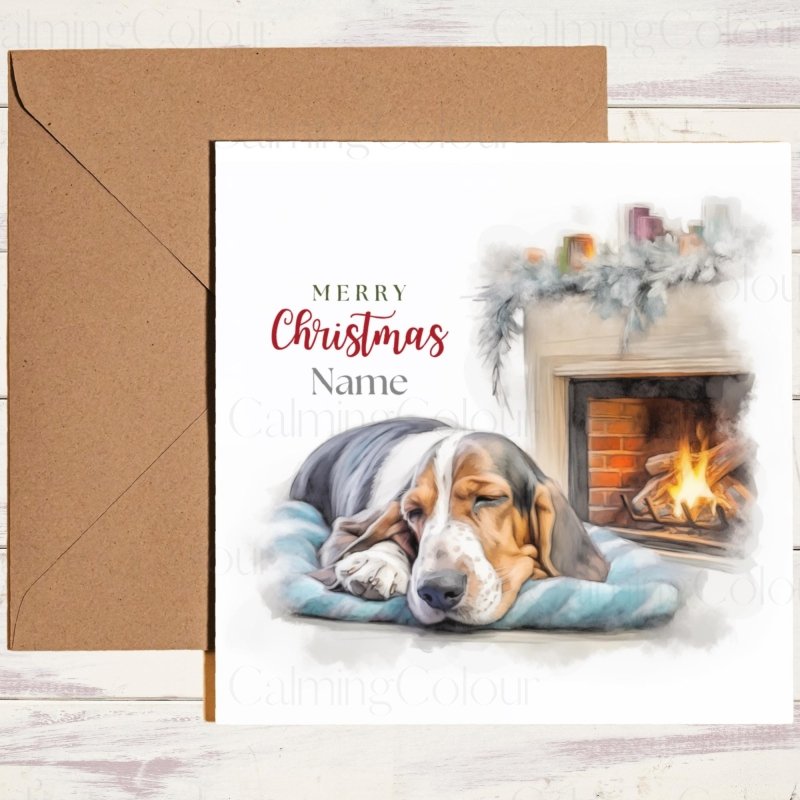 Basset Hound by Fireplace | Christmas Greeting Card | Christmas Card