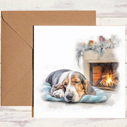Basset Hound by Fireplace | Christmas Greeting Card | Christmas Card