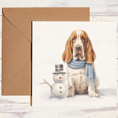 Basset Hound Christmas Card | Snowy Snowman Scene | Christmas Card