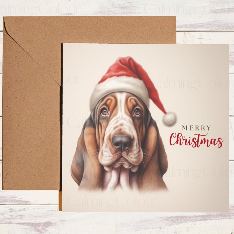 Basset Hound Christmas Card with Santa Hat | Christmas Card