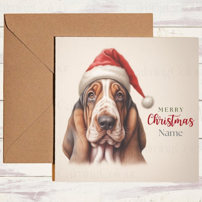 Basset Hound Christmas Card with Santa Hat | Christmas Card