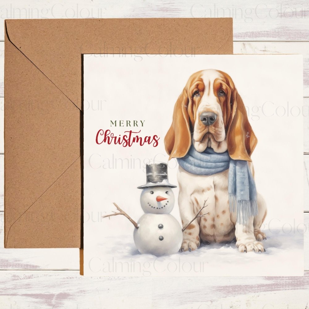 Basset Hound in the Snow | Christmas Card | Calming Colour