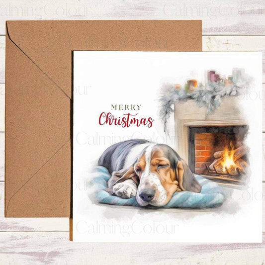 Basset Hound next to cozy fire | Christmas Card | Christmas Card