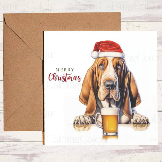 Basset Hound wearing Red Santa Hat | Christmas Card | Christmas Card