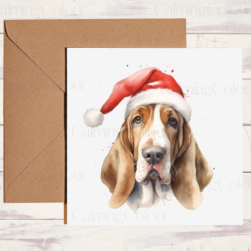 Basset Hound wearing Red Santa Hat | Christmas Card | Calming Colour