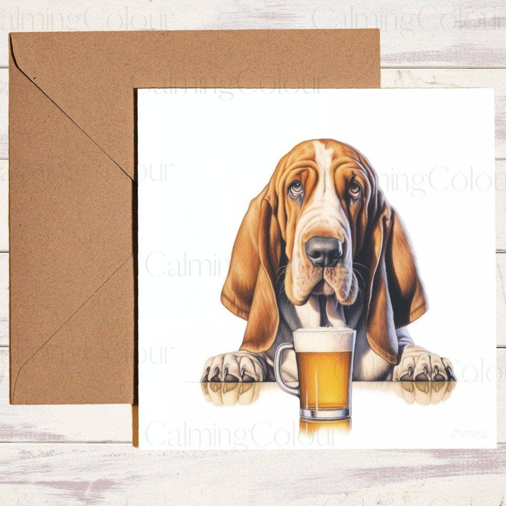 Basset Hound with a Pint Glass | Greeting Card | Birthday Card | Calming Colour