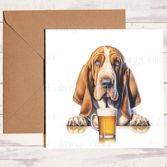 Basset Hound with a Pint Glass | Greeting Card | Birthday Card | Calming Colour