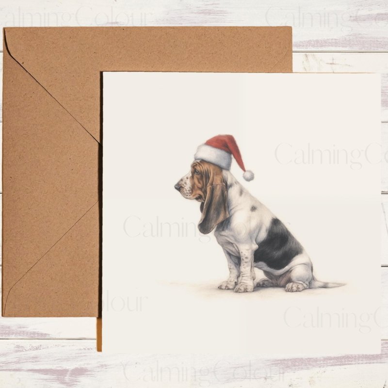 Basset Hound with Santa Hat | Christmas Card | Christmas Card