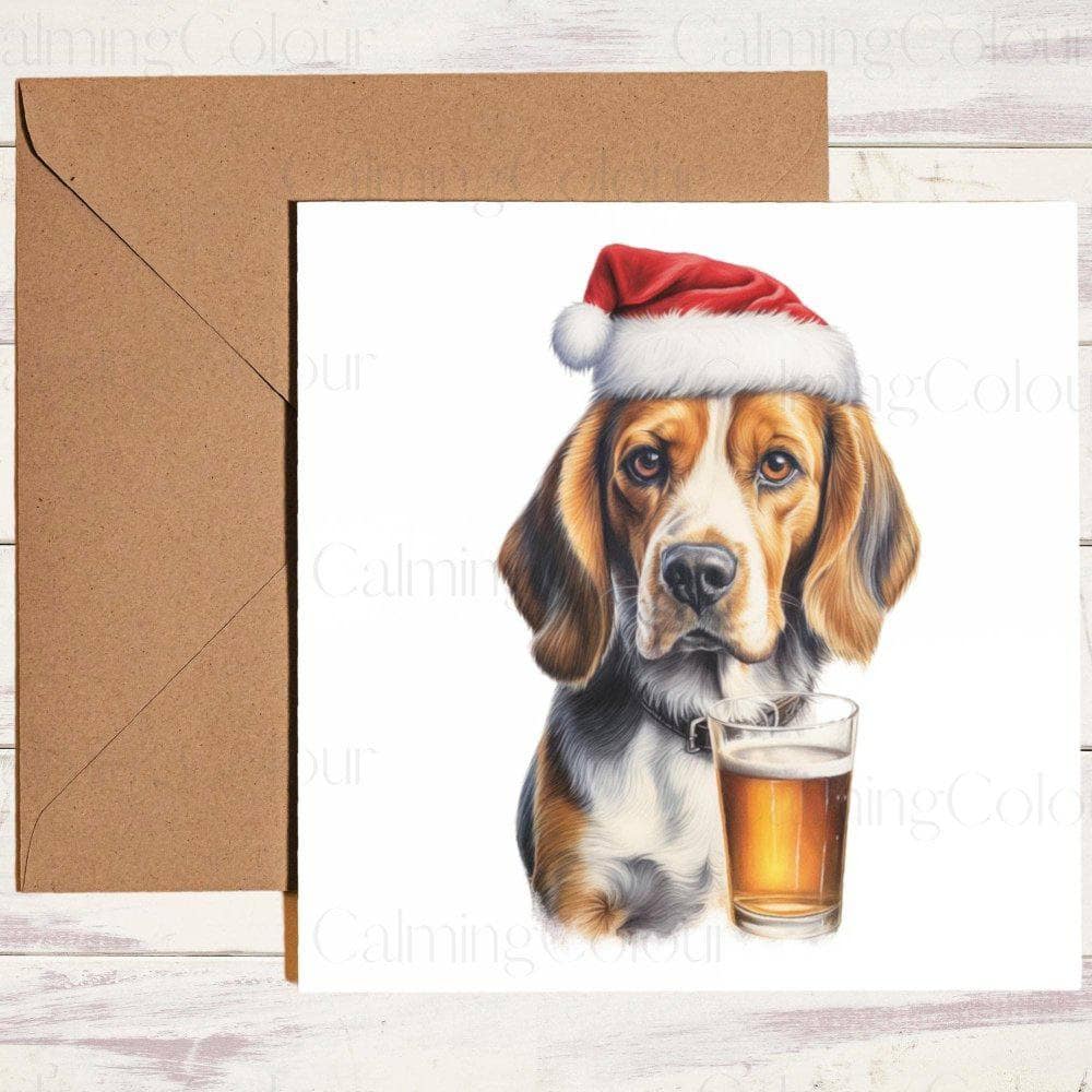 Beagle with a Pint and Red Santa Hat | Christmas Card | Calming Colour