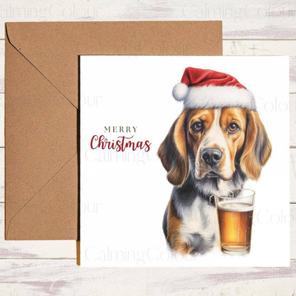 Beagle with a Pint and Red Santa Hat | Christmas Card | Calming Colour