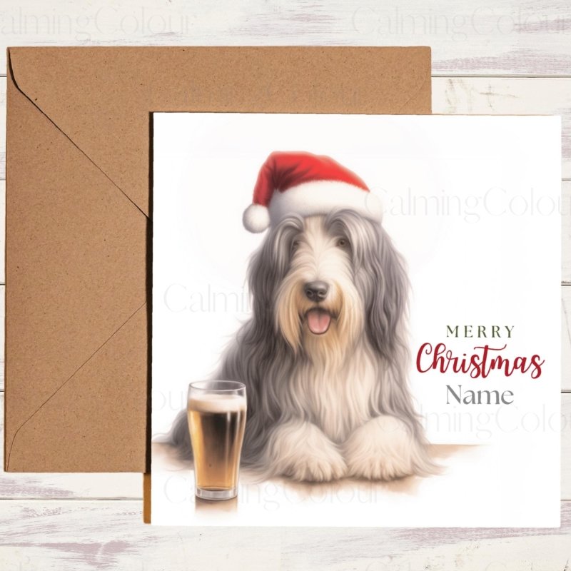Bearded Collie enjoying a Pint | Christmas Card | Christmas Card