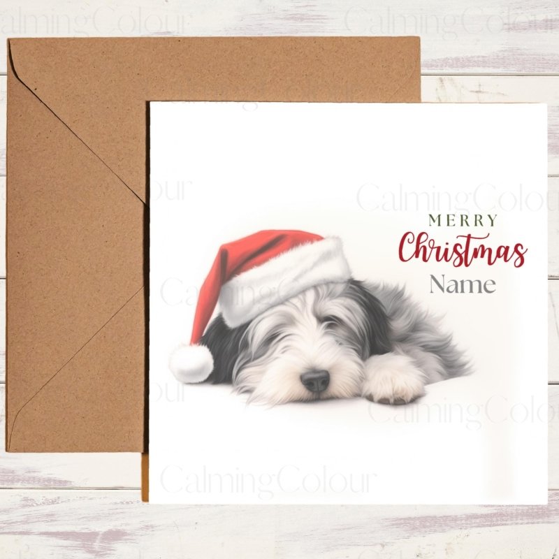 Bearded Collie Snoozing at Christmas | Festive Card | Christmas Card