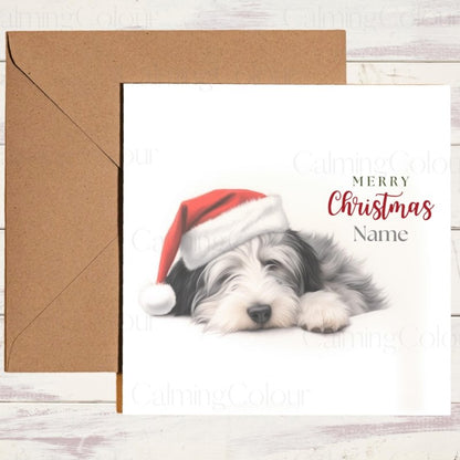 Bearded Collie Snoozing at Christmas | Festive Card | Christmas Card