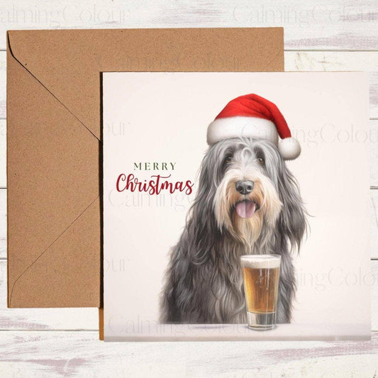 Bearded Collie with a Pint and Red Santa Hat | Christmas Card | Christmas Card