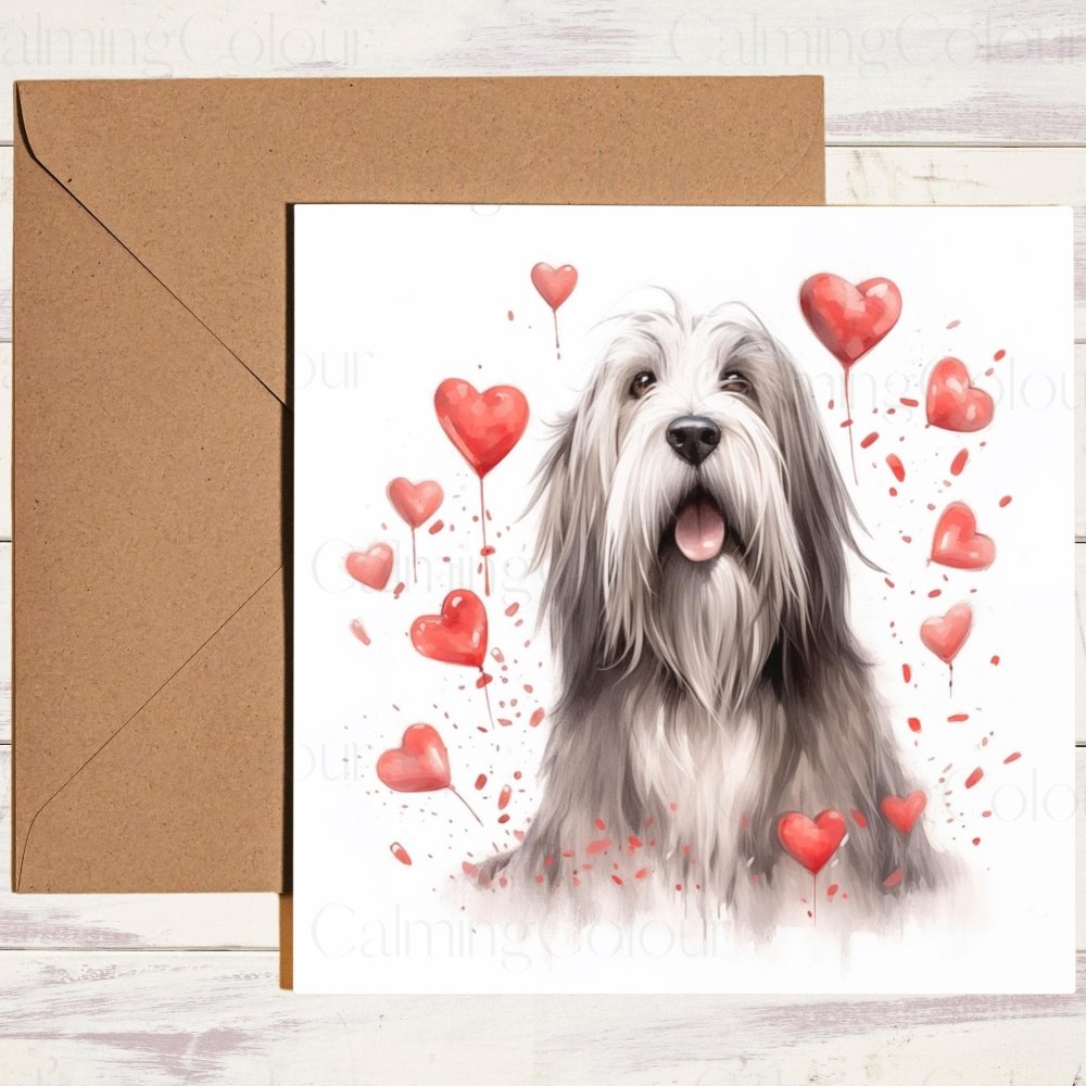 Bearded Collie with Red Hearts | Valentine's Card | With Love | Calming Colour