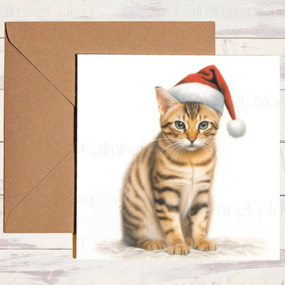 Bengal Cat with Red Christmas Hat | Greeting Card | Christmas Card
