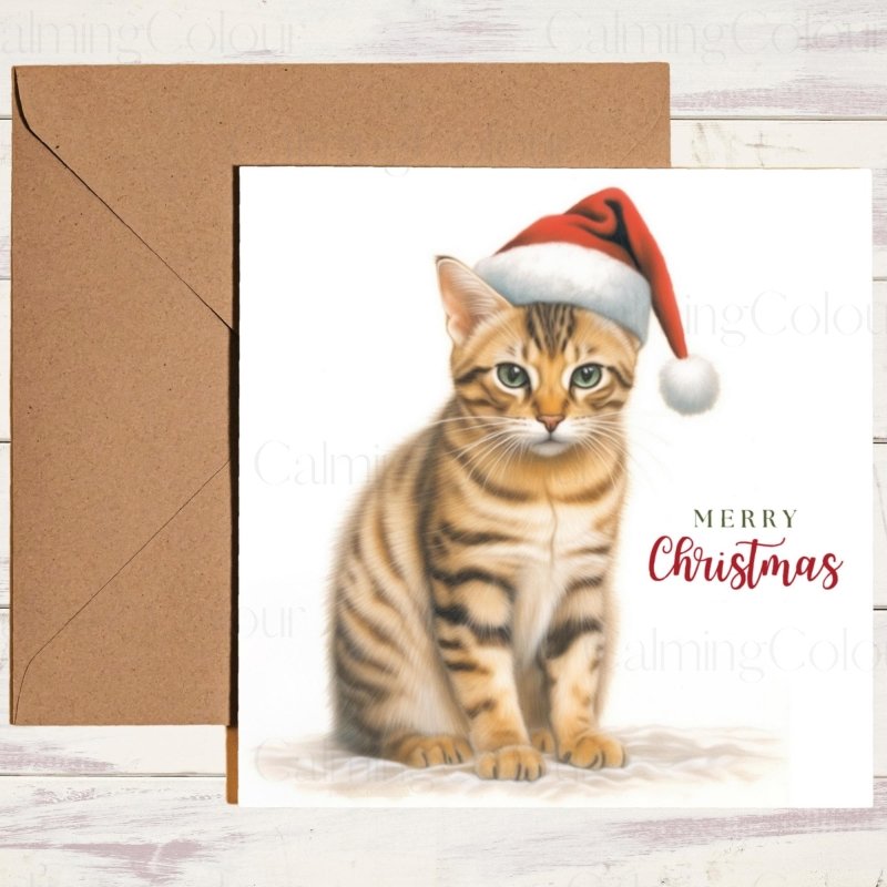 Bengal Cat with Red Christmas Hat | Greeting Card | Christmas Card
