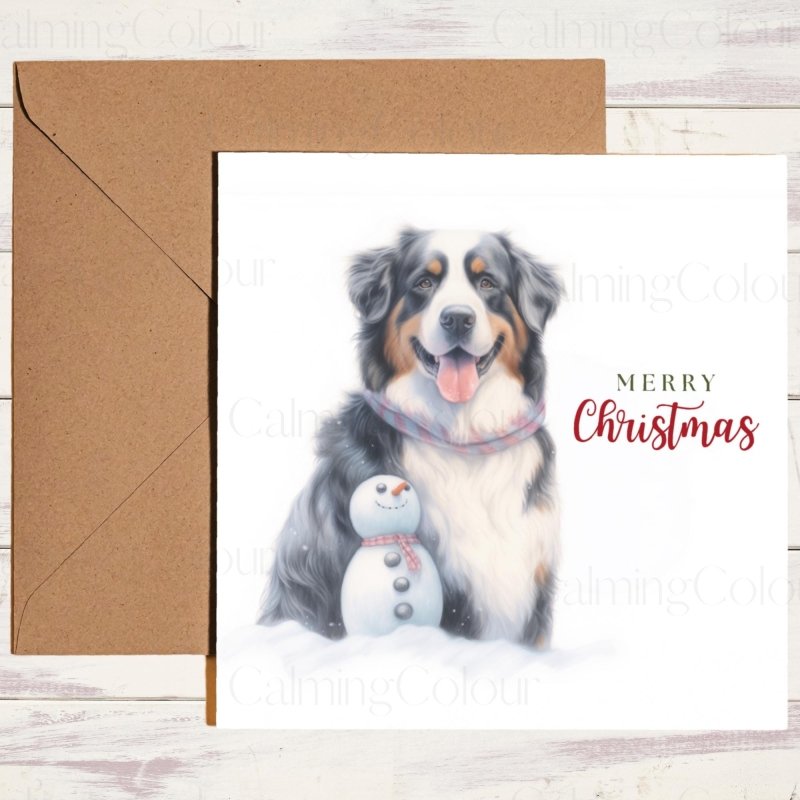 Bernese Mountain Dog Beside Snowman | Christmas Card | Christmas Card