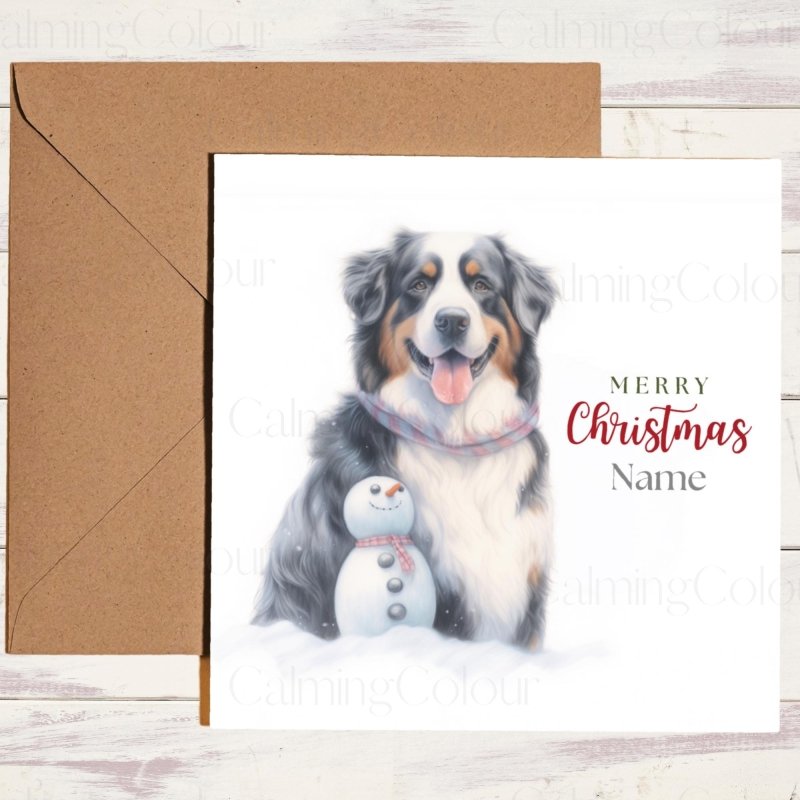 Bernese Mountain Dog Beside Snowman | Christmas Card | Christmas Card